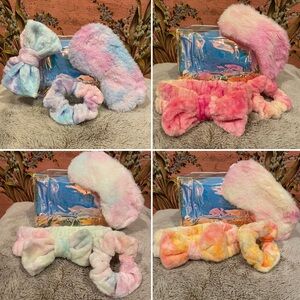 4-Piece Set- Plush Headband, Scrunchie, Eye Mask & Iridescent Pouch